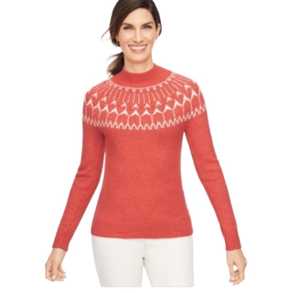 TALBOTS Wool Blend Fair Isle Mock Neck Sweater Coral White Size M Petite Cozy
